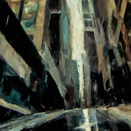 4 DALL E 2023 05 18 15 36 29 post apocalyptic oil painting view up from street level down a flat urban street canyon with some glass facades and a raging storm