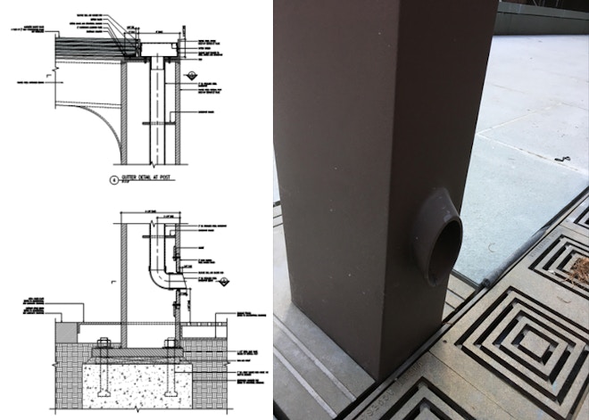 Figure 14 Detail and photo of integrated downspout