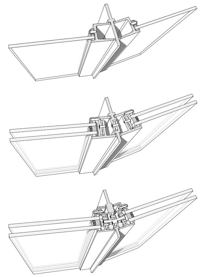Typical jamb details at existing steel-frame mullion, proposed thermally improved frame and mullion by WASA/Studio A, and draft of proposed thermally improved mullion by Manufacturer #3.