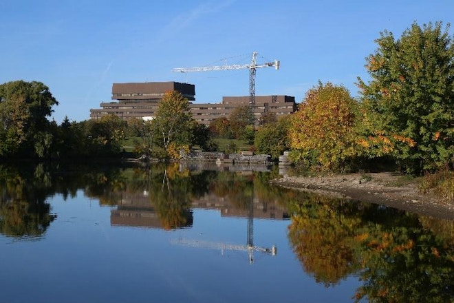Lester B. Pearson Building (LBPB), Ottawa. View looking northwest across the Rideau River, during the rehabilitation and retrofit project.