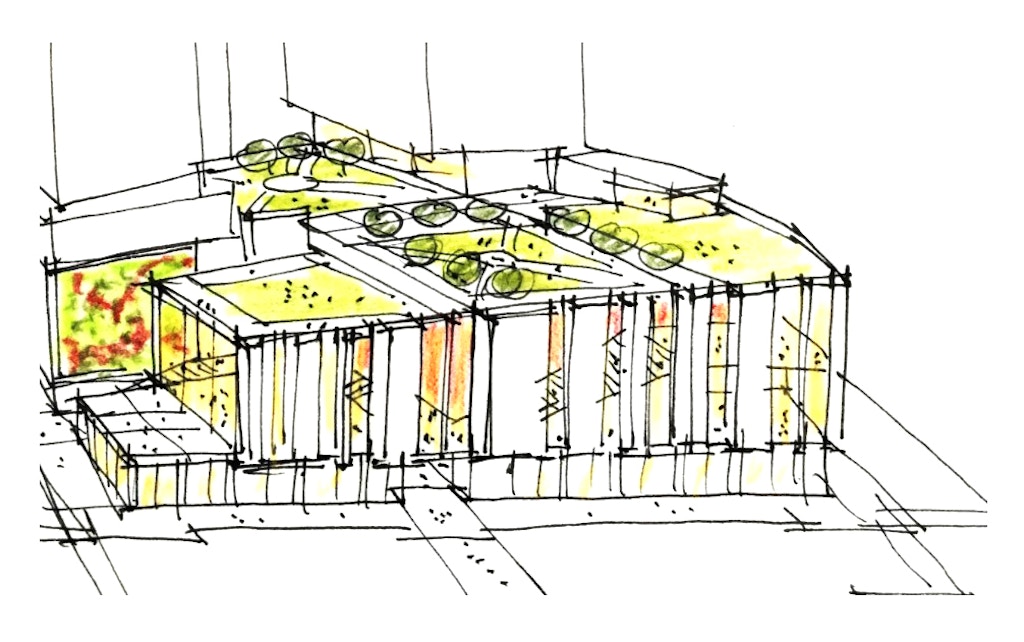 Figure 1: Concept sketch showing the retail base, pleated exterior wrapping the theaters, and terraced roof garden.