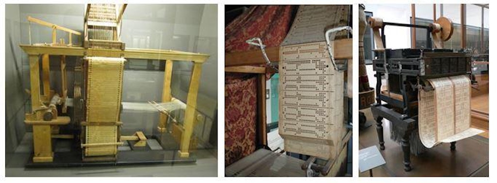 Figure 14 (Left): Bouchon Loom. Image by Dogcow, CC BY-SA 3. Figure 15 (Center): Punch cards in operation Figure 16 (Right): Jacquard Loom By David Monniaux, CC BY-SA 3.0.