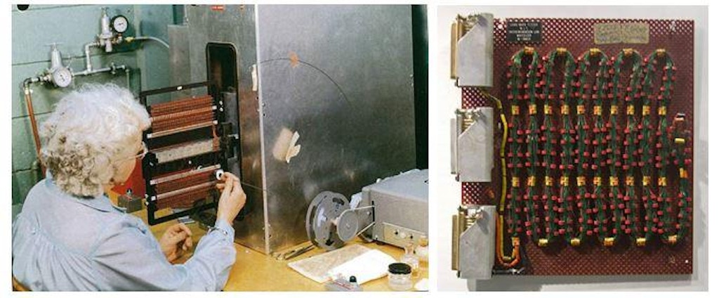 Figure 16 (Left): A textile worker weaving the core rope memory. Aka “Little Old Lady” Memory. Figure 17 (Right): Example of core rope memory module completed.