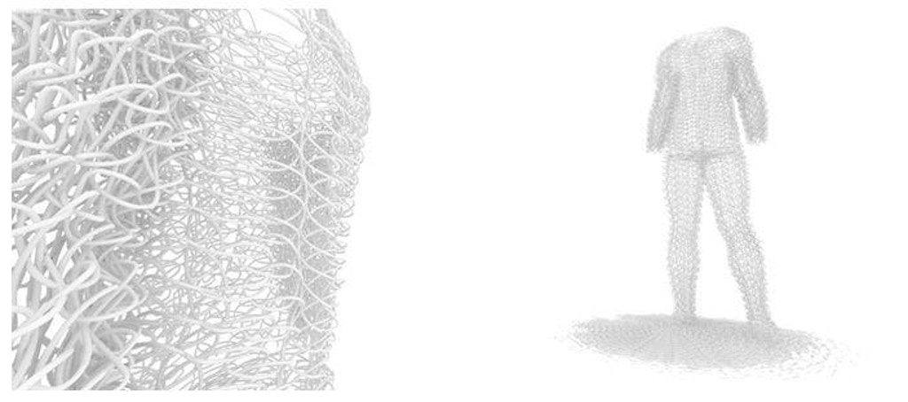 Figure 18. Exploration of digital crochet wrapping over the form of a human male using Rhino 3d/ Grasshopper. Once the parametric model is “baked,” it is no longer parametrically pliable.