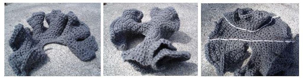 Figure 19 and 20 (Left): Generative techniques in crochet enable the fabrication of hyperbolic geometries. Figure 21 (Right): White threads are actually parallel on the hyperbolic plane.