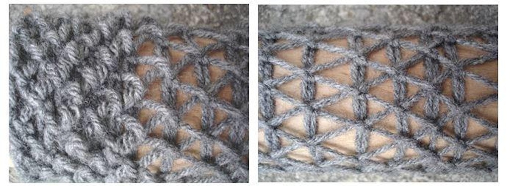 Figure 24: Stretching experiments (over rolling pin) using a slipstitch crochet in acrylic thread results in a reorganization of the crochet structure similar to that of a triangulated grid.