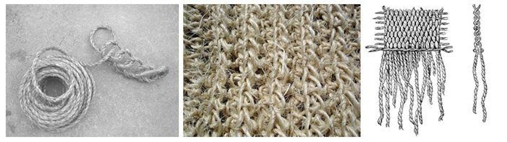 Figure 8 (Left). Naalebinding using manila rope. Figure 9 (Center). Naalebinding using sisal. Figure 10 (Right). Untied fringe from a woven textile.