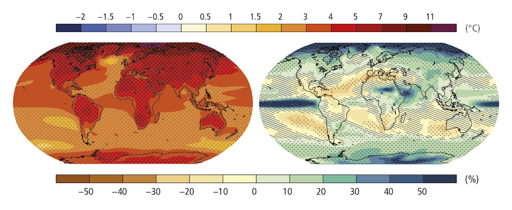 Figure 1 Projected change in average surface temperature and in average precipitation from 1986-2005 to 2081-2100 (IPCC 2014)